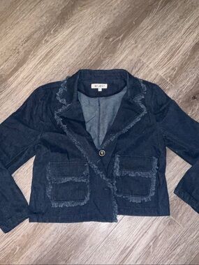 W by Worth Dark Navy Frayed-Trim Denim Blazer